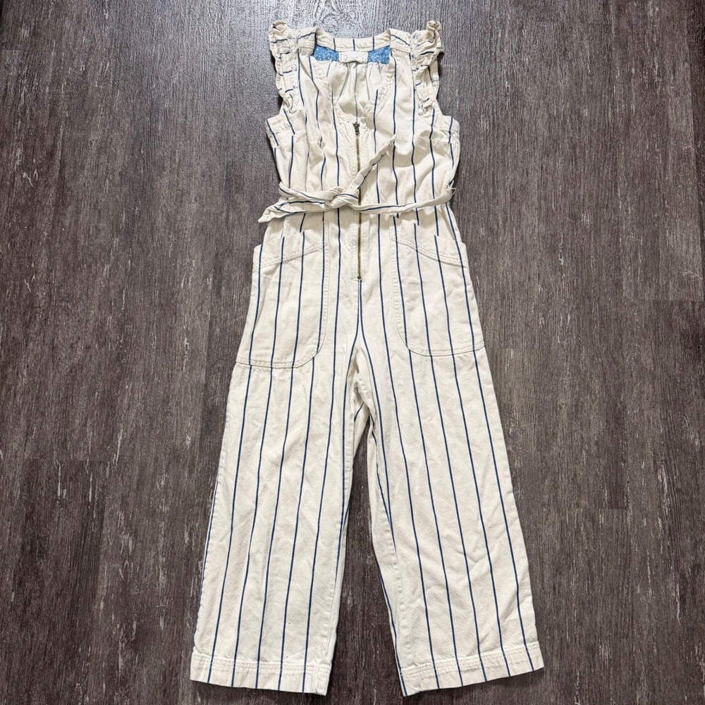 Anthropologie Striped Wide Leg Denim Jumpsuit Belted Ruffle White Navy Size 0